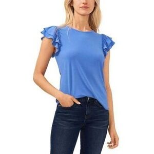 CeCe Top Womens Medium Blue Ruffle Sleeve Casual Peasant Blouse Solid NWT